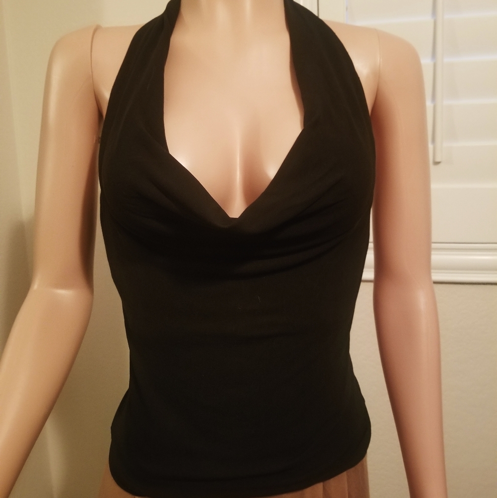 NICOLE MILLER silk crepe black halter top